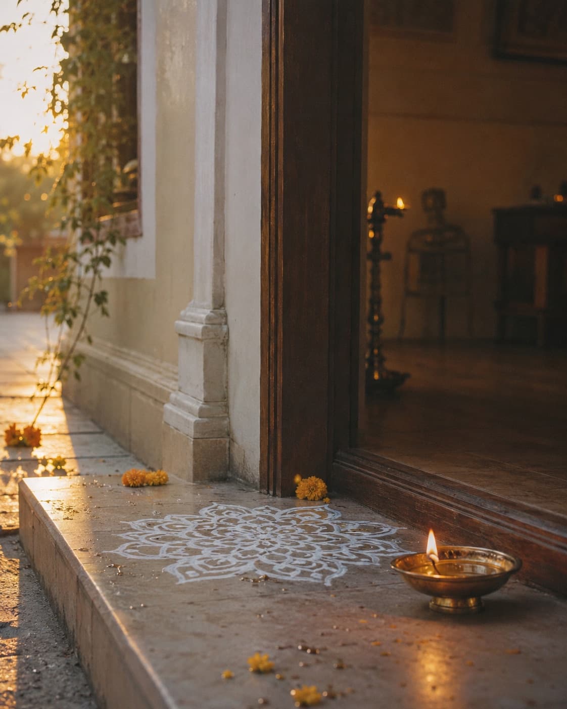 A freshly drawn rangoli and a lit brass diya on a doorstep at first light