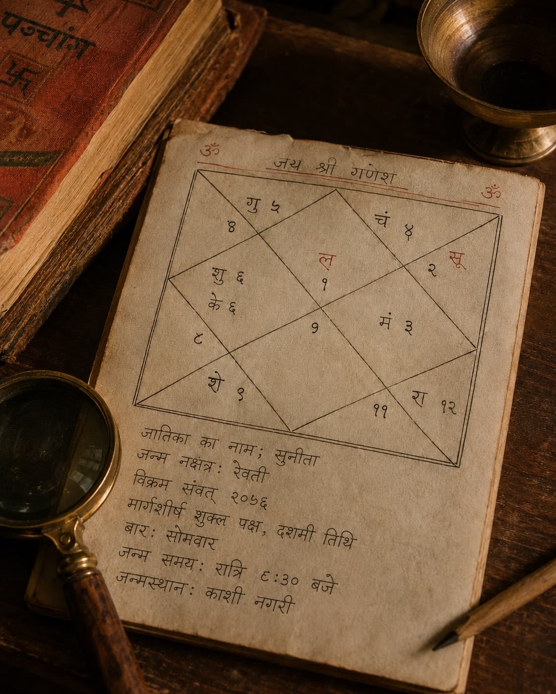 A hand-drawn janam kundali on aged paper beside an old panchang and a magnifying glass